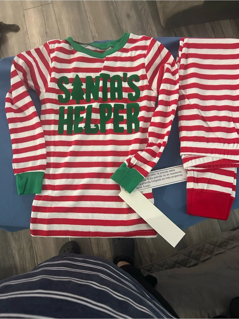Kids' Santa's Helper Red & White Stripe Pajama Set with Green Print